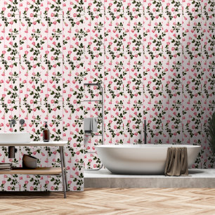 Floating Roses with Pink Stripes Wallpaper