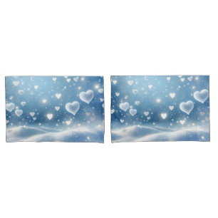 Floating Snow Hearts and Snowflakes Pillowcase