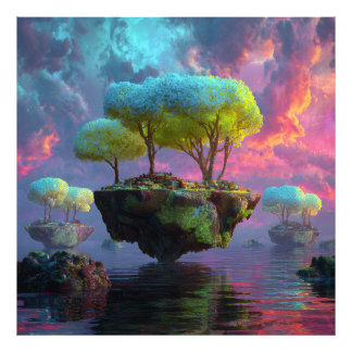 Floating Turquoise Tree Islands Neon Sky Photo Print