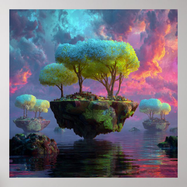 Floating Turquoise Tree Islands Neon Sky Poster (Front)