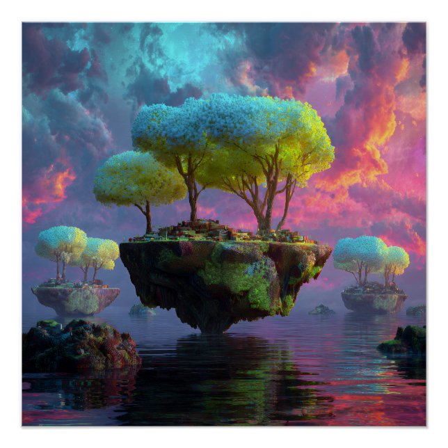 Floating Turquoise Tree Islands Neon Sky Poster (Front)