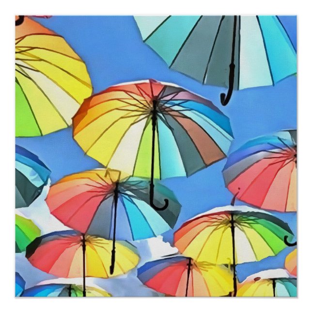 Floating Umbrella Sky Whimsical Parasols Art Poster (Front)