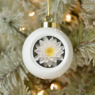 Floating White Waterlily Lotus Ceramic Ball Christmas Ornament