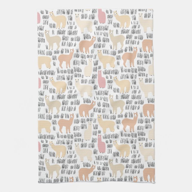 Flock Of Alpacas Pattern Tea Towel (Vertical)