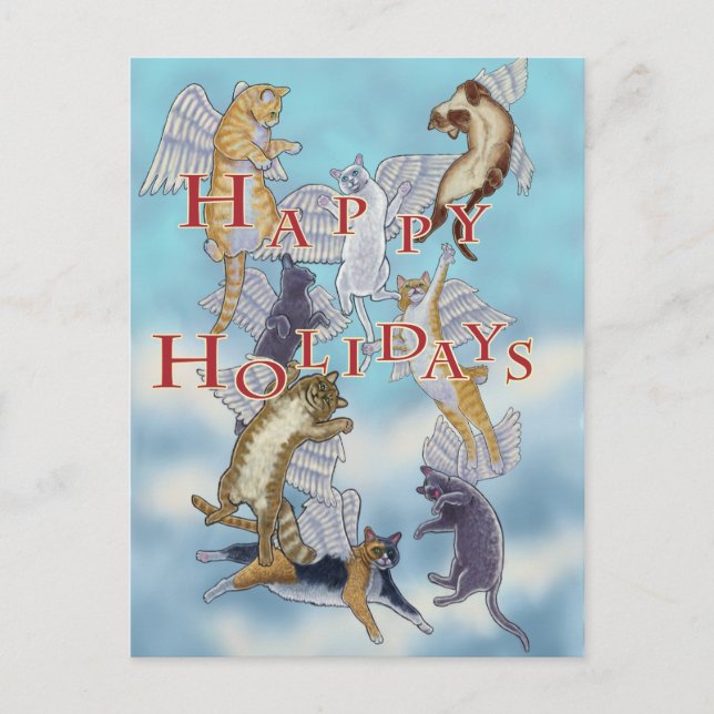 Flock of Angel Cats Happy Holidays Holiday Postcard (Front)