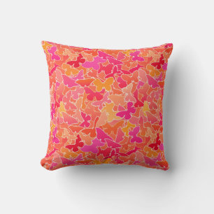 Flock of Butterflies, Fuchsia Pink & Coral Orange Cushion