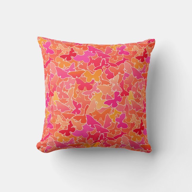 Flock of Butterflies, Fuchsia Pink & Coral Orange Cushion (Front)