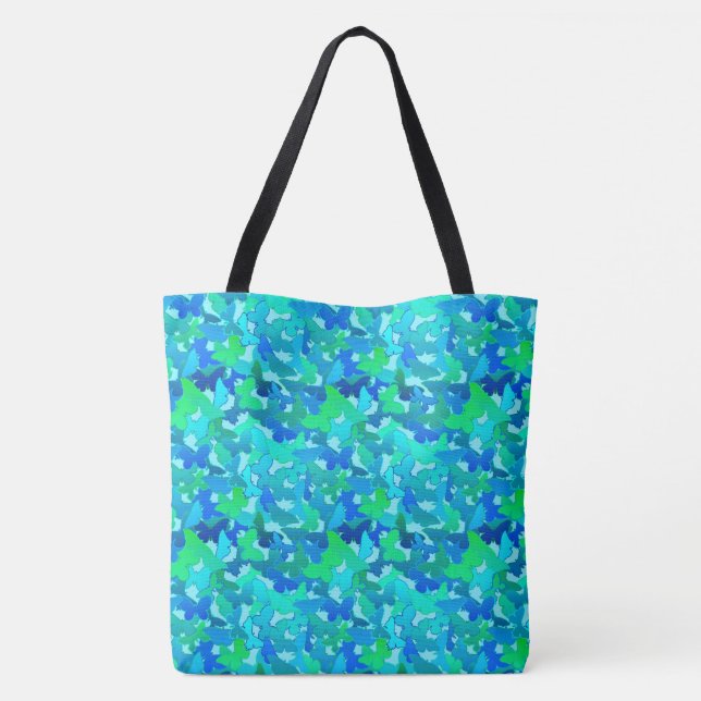 Flock of Butterflies,Turquoise, Aqua and Sky Blue Tote Bag (Back)