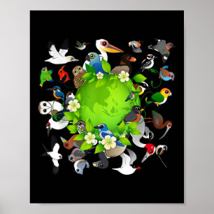 Flock Of Cartoon Birds Around Earth _ Earth Day Bi Poster