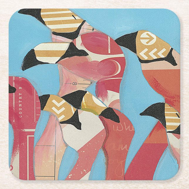 Flock of Flamingos Square Paper Coaster (Front)