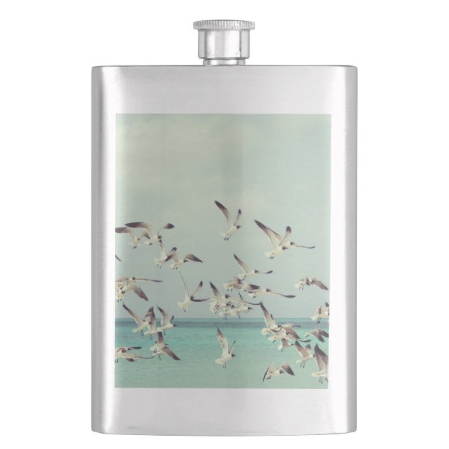 Flock of Flying Seagulls Over Ocean Hip Flask (Front)