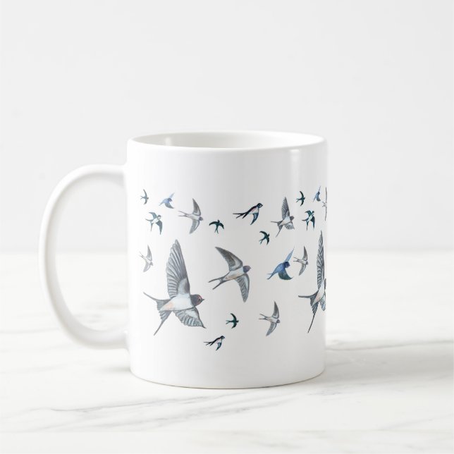Flock Of Flying Swallow Birds Illustration Coffee Mug (Left)