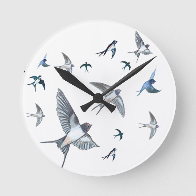 Flock Of Flying Swallow Birds Illustration Round Clock (Front)