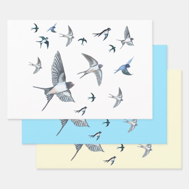 Flock Of Flying Swallow Birds Illustration Wrapping Paper Sheet (Set)