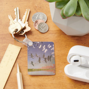 Flock of Ibis Flying Over Wetlands, Vintage Birds Key Ring
