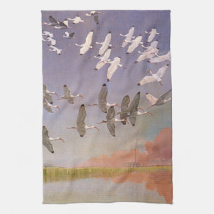 Flock of Ibis Flying Over Wetlands, Vintage Birds Tea Towel