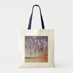 Flock of Ibis Flying Over Wetlands, Vintage Birds Tote Bag