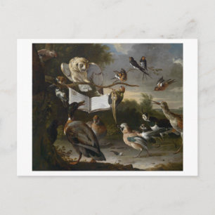 Flock of musical birds painting postcard