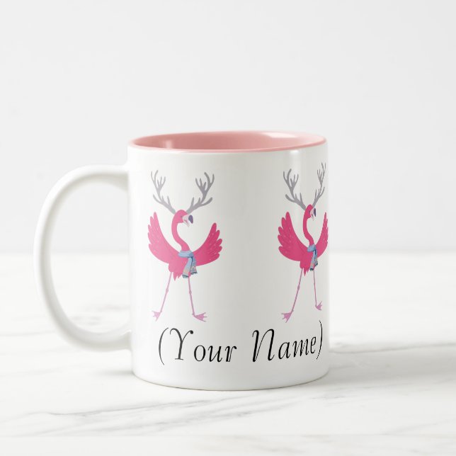 Flock of Pink Christmas Flamingo Santa Custom Name Two-Tone Coffee Mug (Left)