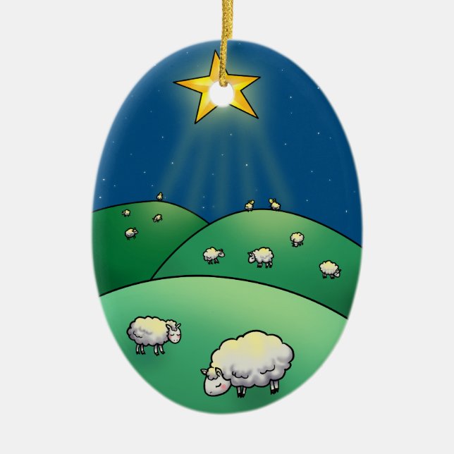 Flock of Sheep under Christmas Star Ceramic Tree Decoration (Front)