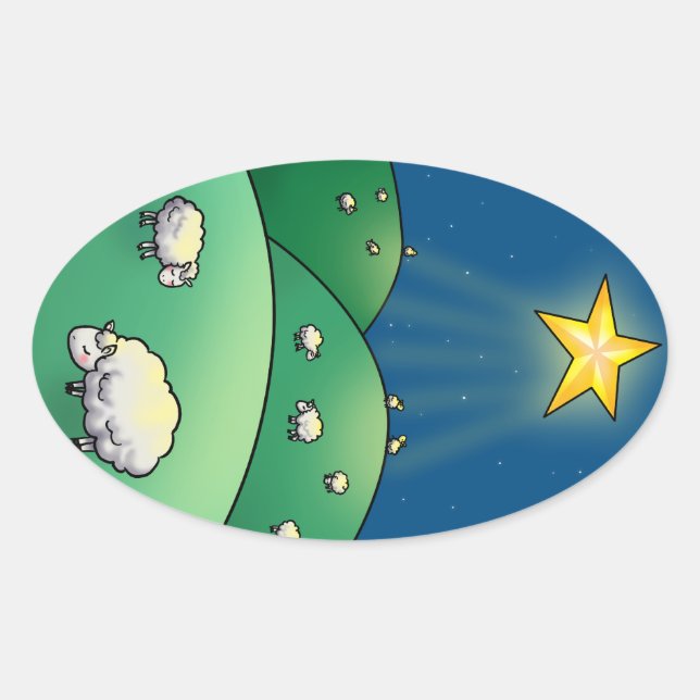Flock of Sheep under Christmas Star Oval Sticker (Front)