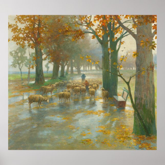 Flock of Sheep with Shepherdess on a Rainy Day Poster (Front)