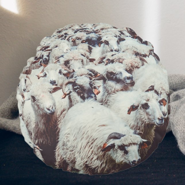 Flock of white & black sheep round cushion (Creator Uploaded)