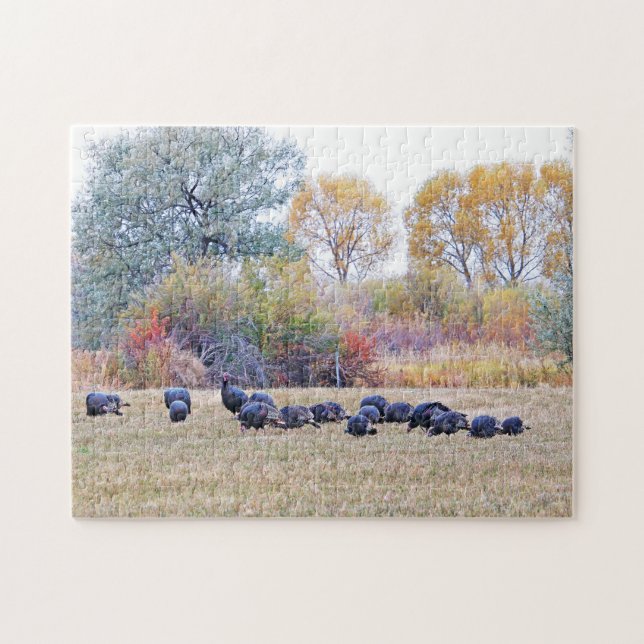 Flock of Wild Turkeys in a Field Jigsaw Puzzle (Horizontal)