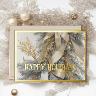 Flocked Evergreen Spray Ornaments Warm Grey Gold Foil Holiday Card