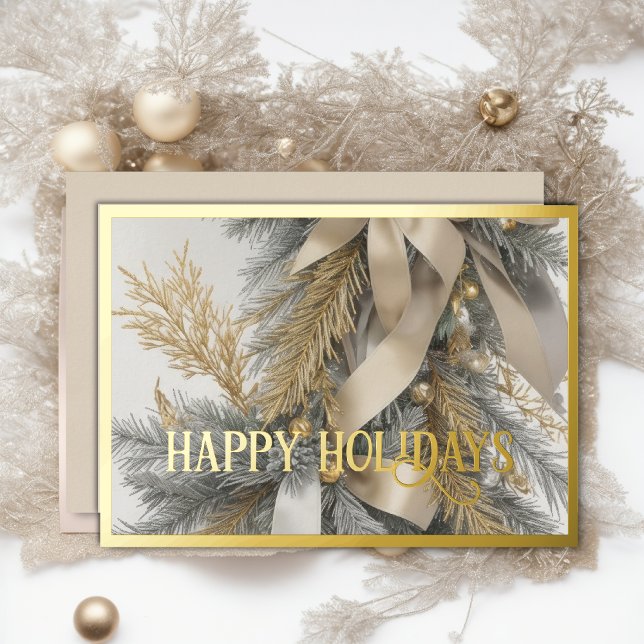 Flocked Evergreen Spray Ornaments Warm Grey Gold Foil Holiday Card (Creator Uploaded)