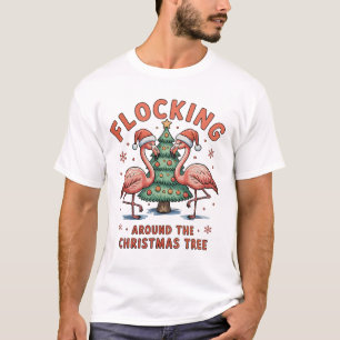 Flocking Around The Christmas Tree Pink Flamingo T-Shirt