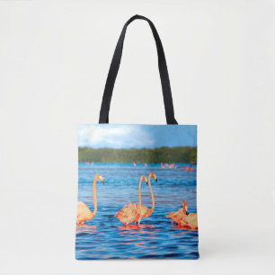 Flocks of beautiful pink flamingos in the Celestun Tote Bag