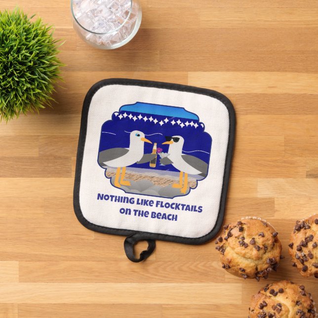 Flocktails on the Beach Funny Seagull Pot Holder (Top Down)