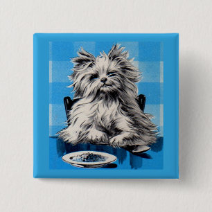 floofy dog eating at the table 15 cm square badge