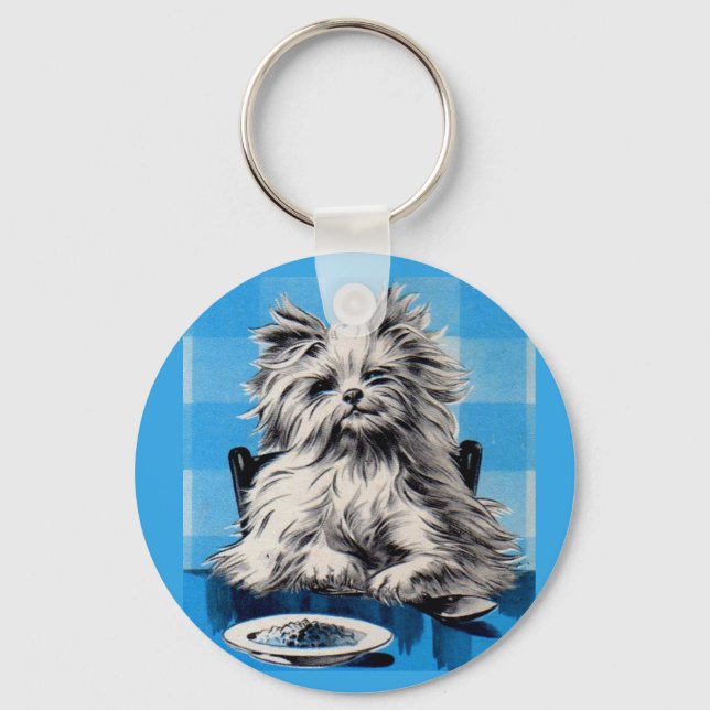 floofy dog eating at the table key ring (Front)