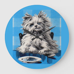floofy dog eating at the table large clock