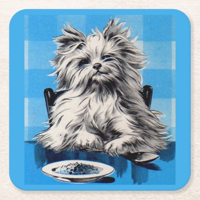 floofy dog eating at the table square paper coaster (Front)