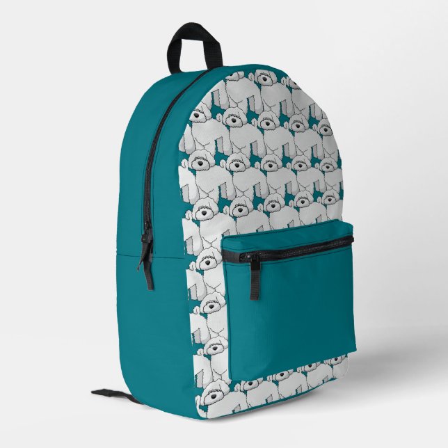 Floofy White Puppy Pattern on Teal Printed Backpack (Back Corner Left)