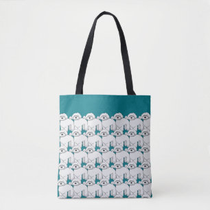 Floofy White Puppy Pattern on Teal Tote Bag