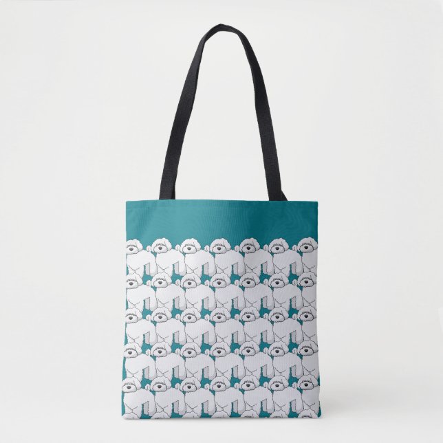 Floofy White Puppy Pattern on Teal Tote Bag (Front)