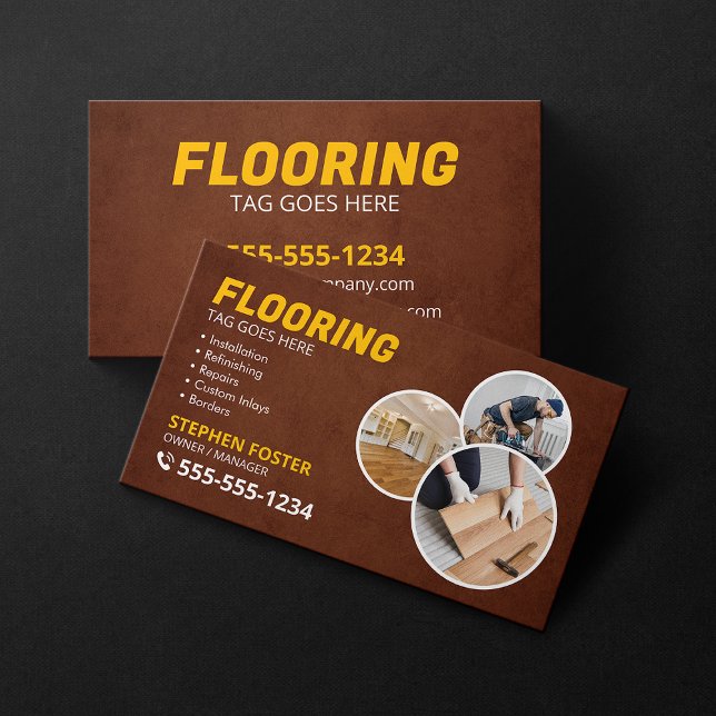 Flooring Service Floor Contractor Brown Yellow Business Card (Creator Uploaded)
