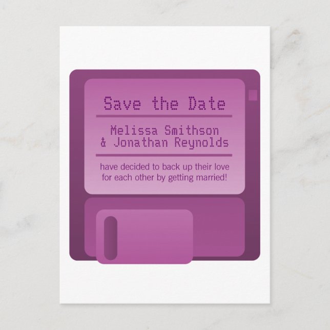 Floppy Disc Save the Date Postcard, Purple Announcement Postcard (Front)