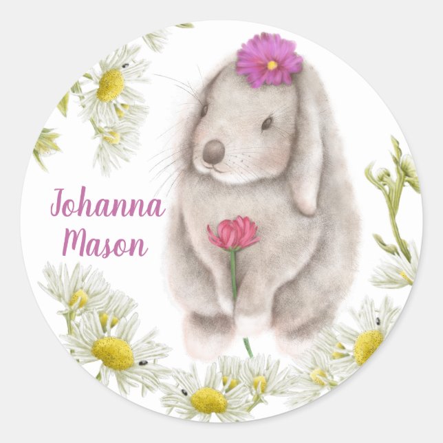 Floppy Eared Bunny and Daisies Round Stickers (Front)