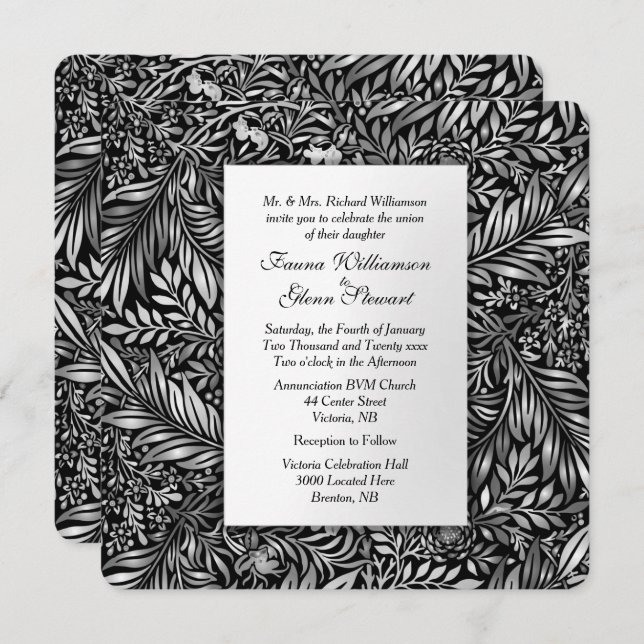 Flora and Fauna Black and White Wedding Invitation (Front/Back)
