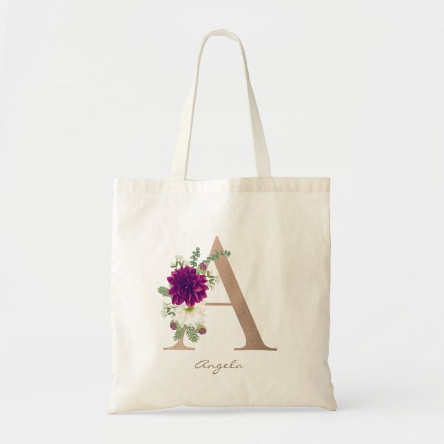 Flora Bouquet Monogram Letter A Bridesmaid  Tote Bag (Front)