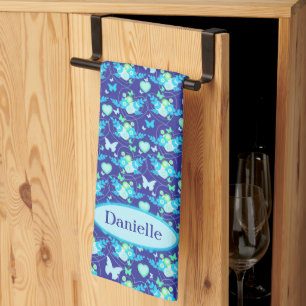 Flora butterflies & hearts blue custom name tea towel