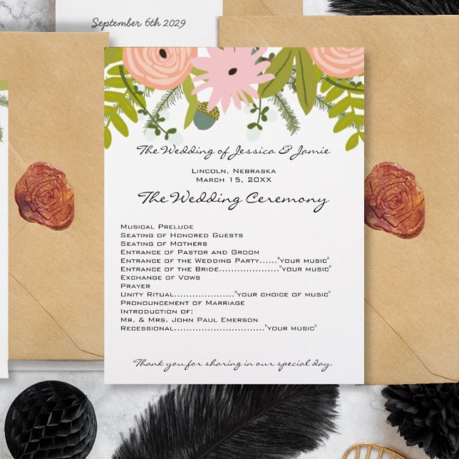 Flora & Fauna Ferns Roses Acorns Twigs Wedding Program (Creator Uploaded)