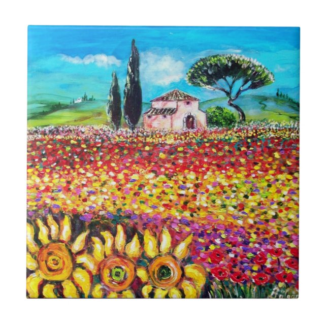 FLORA IN TUSCANY/ Fields ,Poppies and Sunflowers Ceramic Tile (Front)