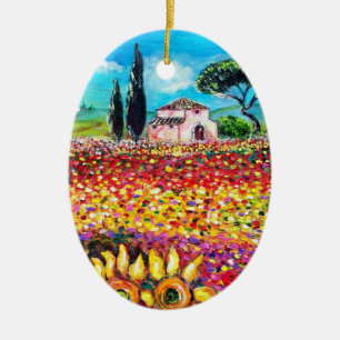 FLORA IN TUSCANY/ Fields ,Poppies and Sunflowers Ceramic Tree Decoration