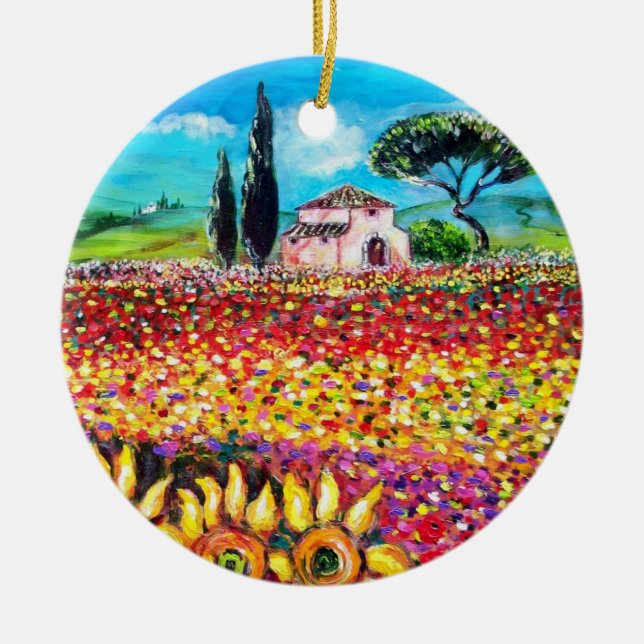 FLORA IN TUSCANY/ Fields ,Poppies and Sunflowers Ceramic Tree Decoration (Front)
